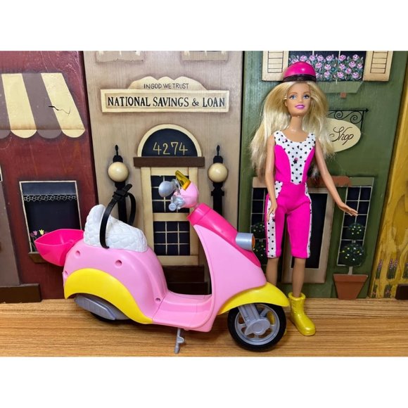 Vintage Barbie Doll Blonde Blue Eyes & Barbie Vespa Scooter with Basket - Picture 1 of 11